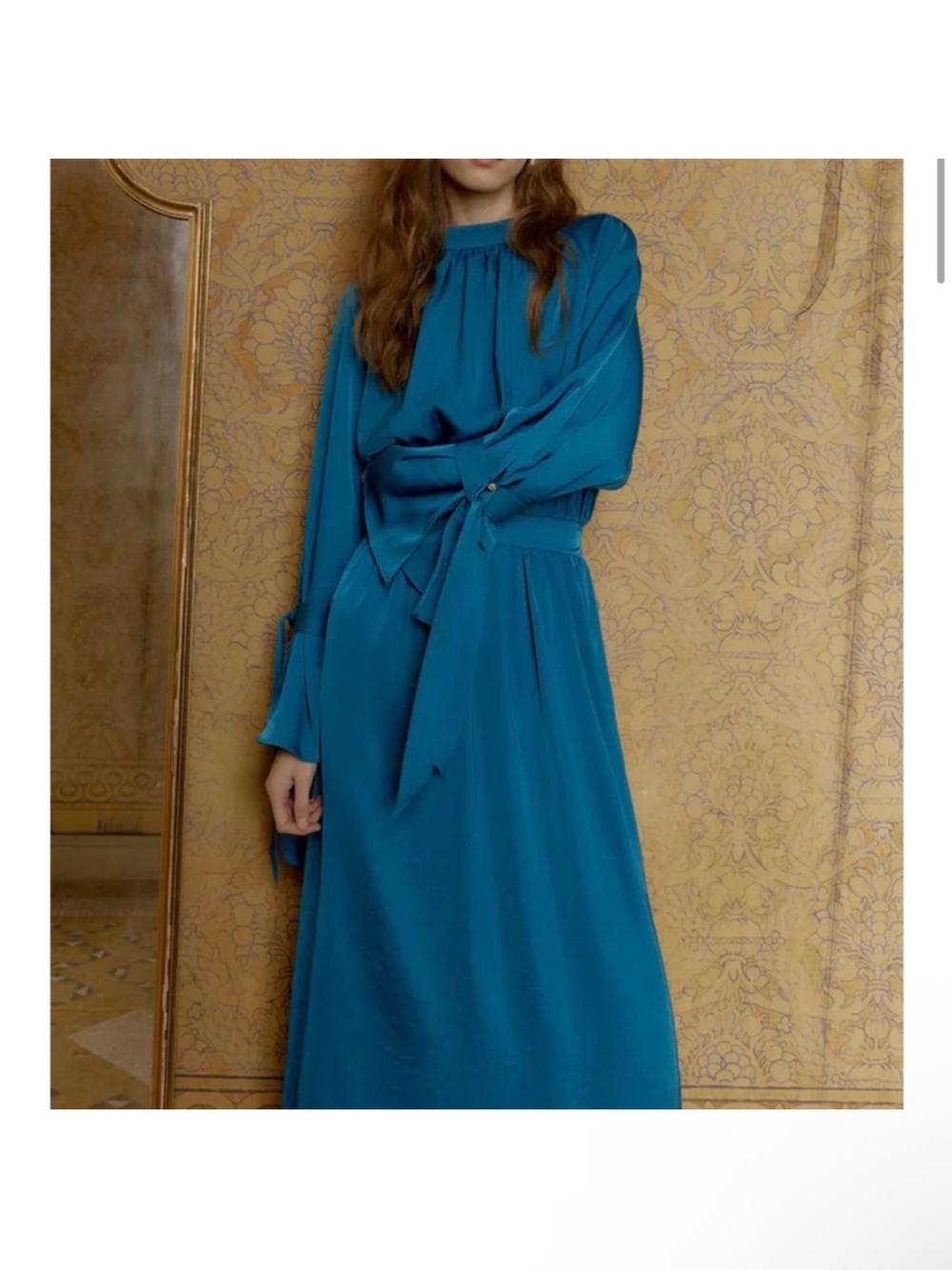 Zara SATIN EFFECT MIDI DRESS WITH BOWS in DUCK BLUE